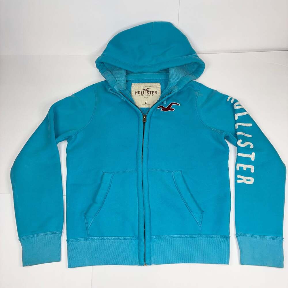 Vintage Hollister Women Blue Full-Zip Graphic Hoodie Size S